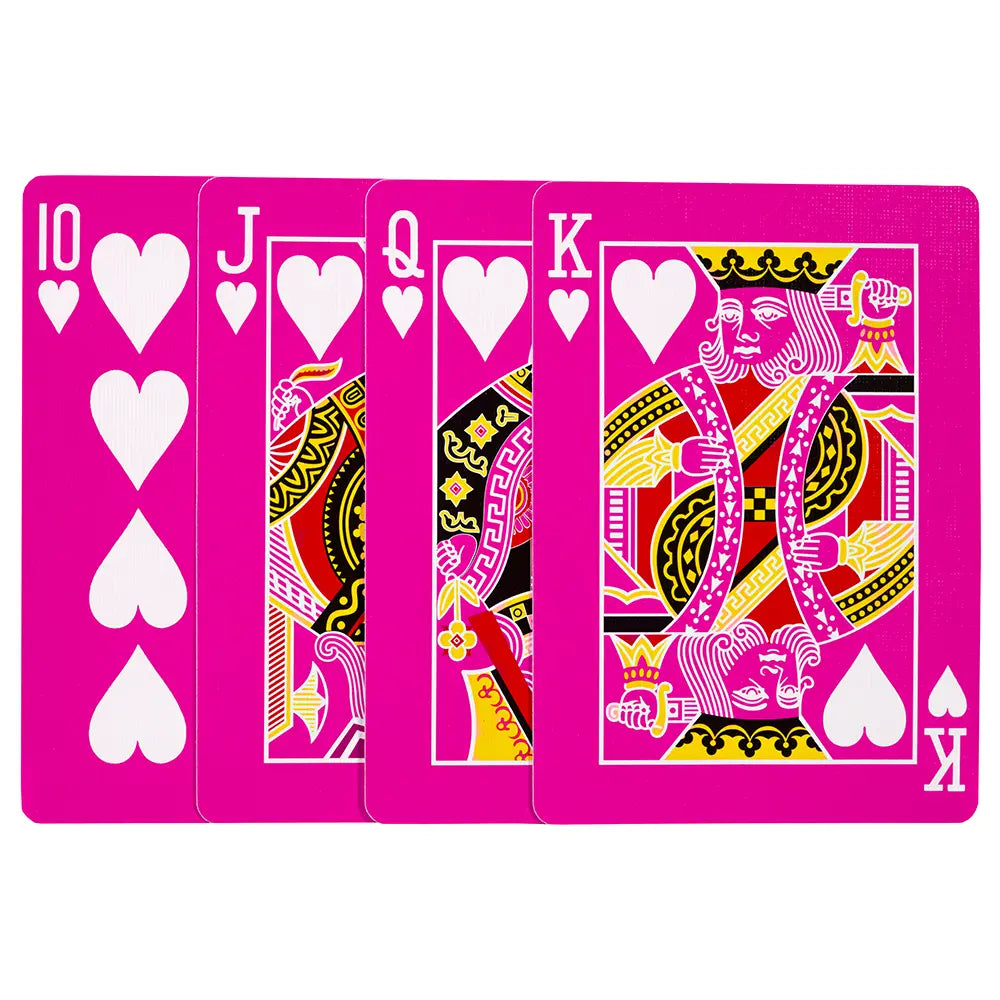 Magic Makers Inc pink bicycle playing cards spread showing heart suit 10 J Q K face cards with bold pink design