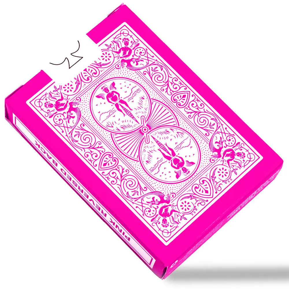 Magic Makers Inc pink bicycle playing cards deck in hot pink tuck box showing ornate back design