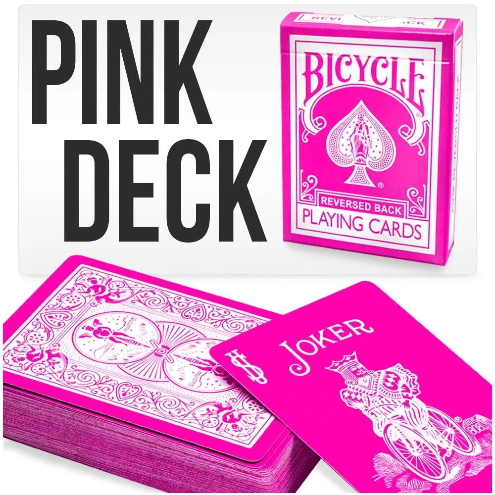 pink bicycle playing cards deck with magenta box and joker card by Magic Makers Inc