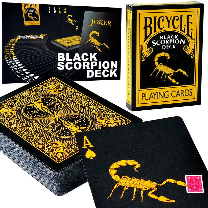 Bicycle Black Scorpion Reversed Back Playing Cards deck in black and gold showing scorpion ace and fanned cards and tuck box