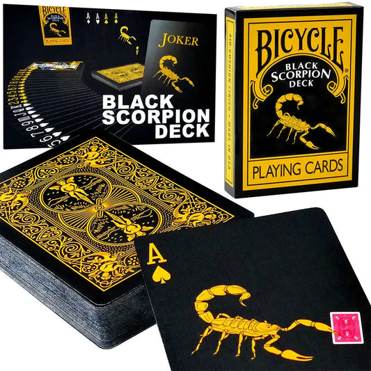 Bicycle Black Scorpion Reversed Back Playing Cards deck in black and gold showing scorpion ace and fanned cards and tuck box