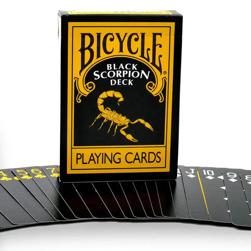 Bicycle Black Scorpion deck box with fanned black cards and yellow accents Black Scorpion Reversed Back Playing Cards
